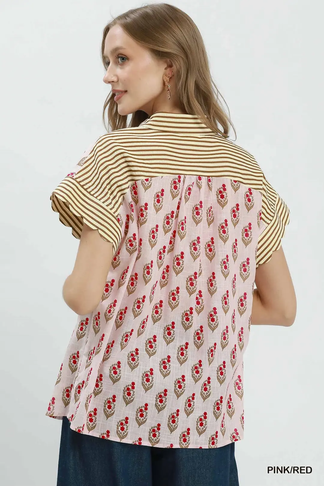 Block Print Button-Front Shirt with Contrast Stripe Point Collar, image 3