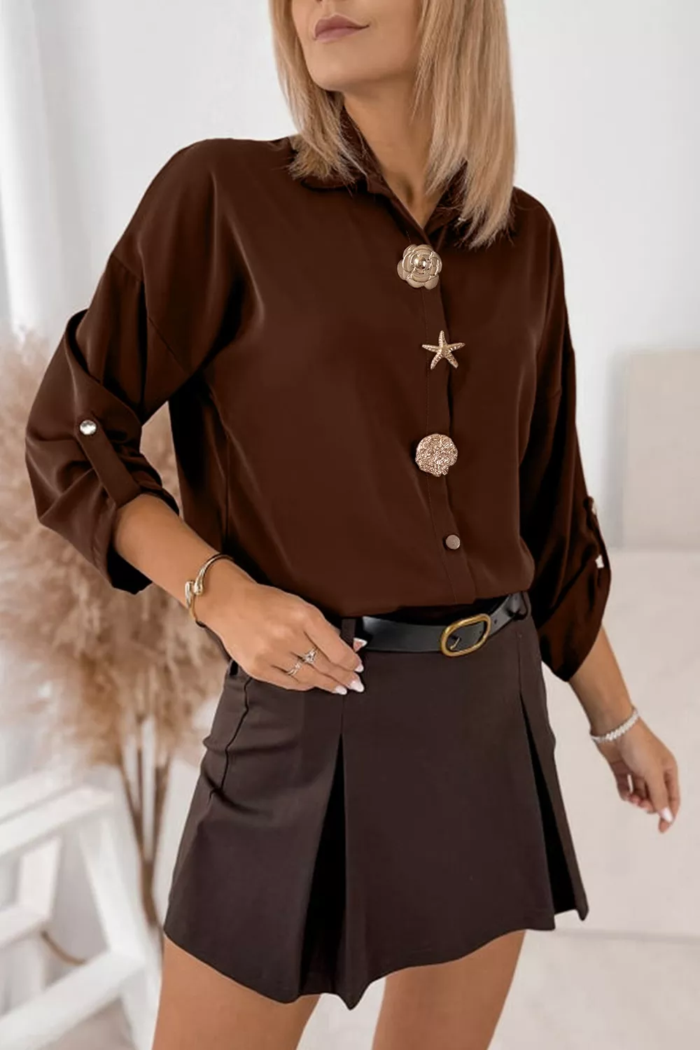 Multi Button Decoration Tab Long Sleeve Casual Shirt, image 3