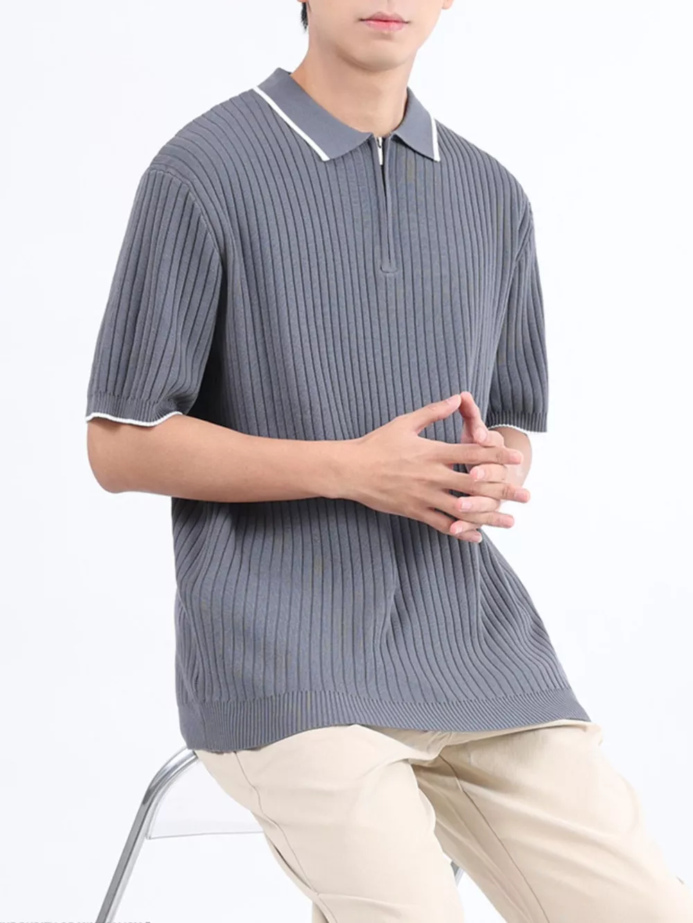 Men's Plus Size Ribbed Knit Zip-Up Polo, image 5