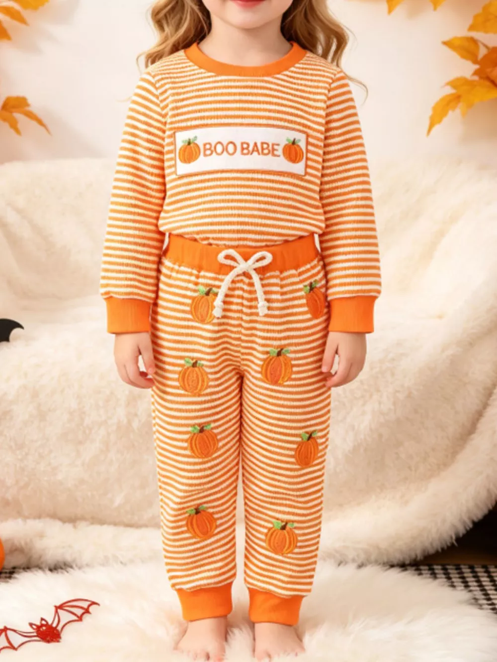 Children's Halloween Pumpkin Striped Long Sleeve Pajama Set, image 2