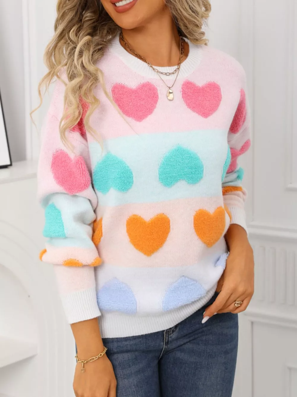 Valentine's Day Heart Pattern Fuzzy Knit Sweater, image 7