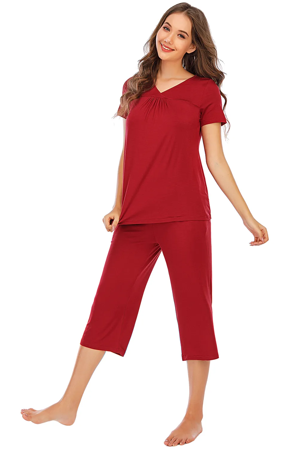 V-Neck Short Sleeve Top and Pants Lounge Set, image 2
