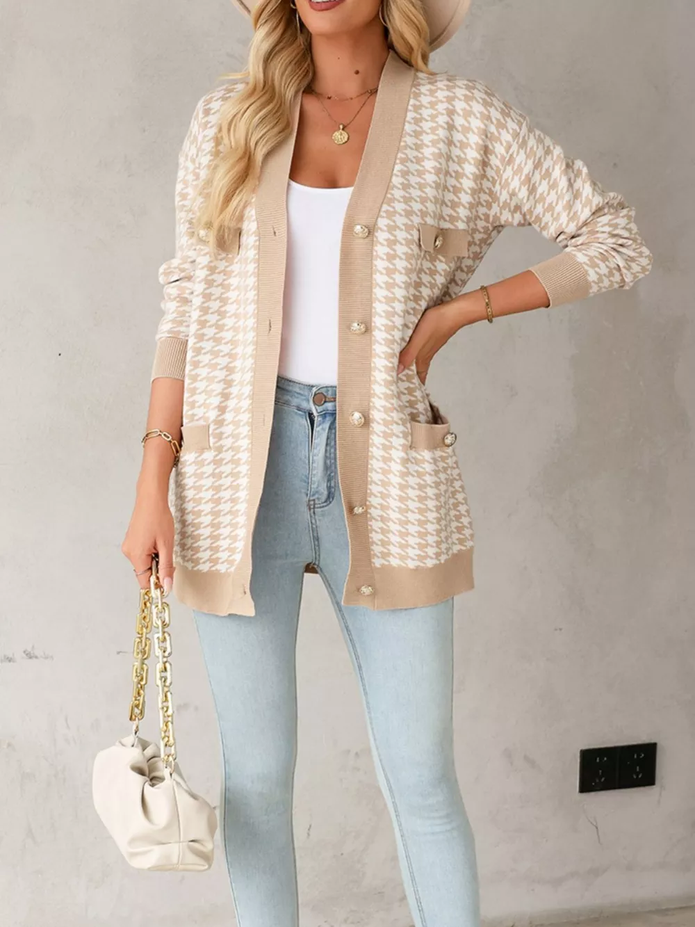 Contrast Edge Metal Button Slim Cardigan with Pockets, image 6