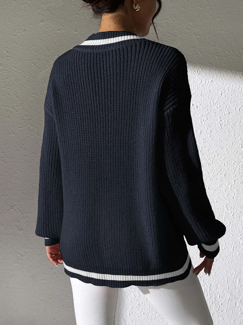 Contrast Trim V-Neck Long Sleeve Sweater, image 2