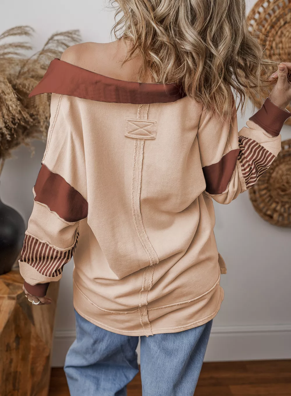 Color Block Striped Johnny Collar Sweatshirt, image 2