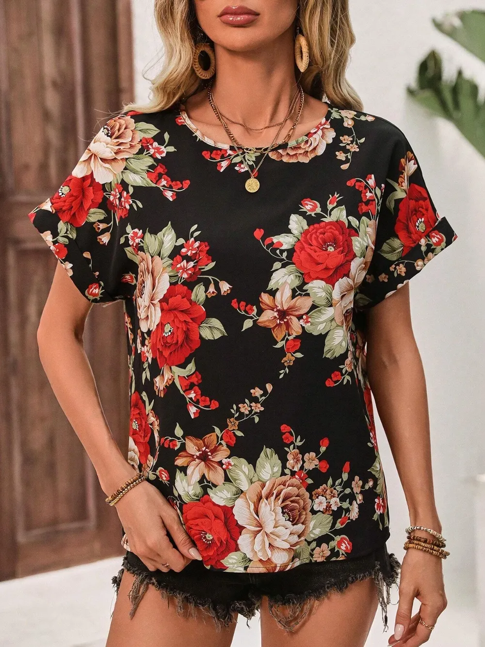 Contrast Round Neck Short Sleeve Blouse, image 13