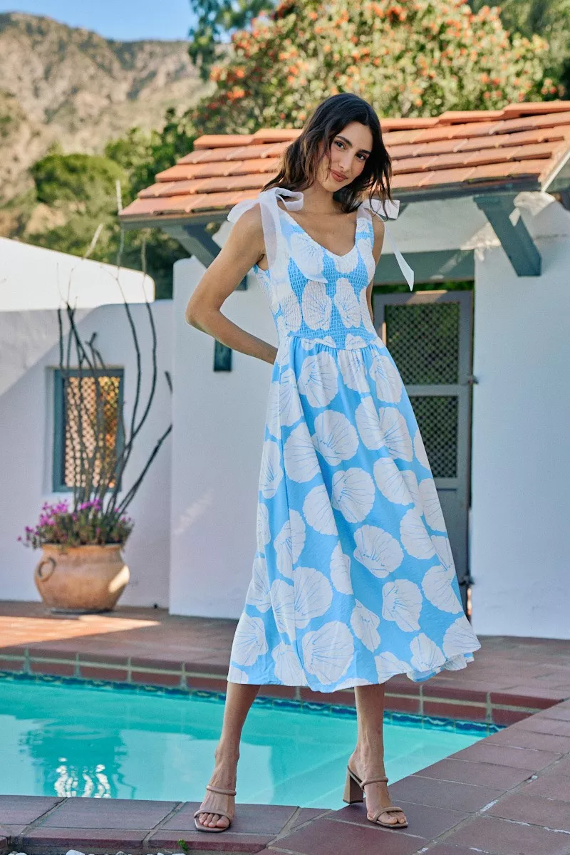 Shell Smocked Bodice Shoulder Tie Lined Midi Dress, image 8