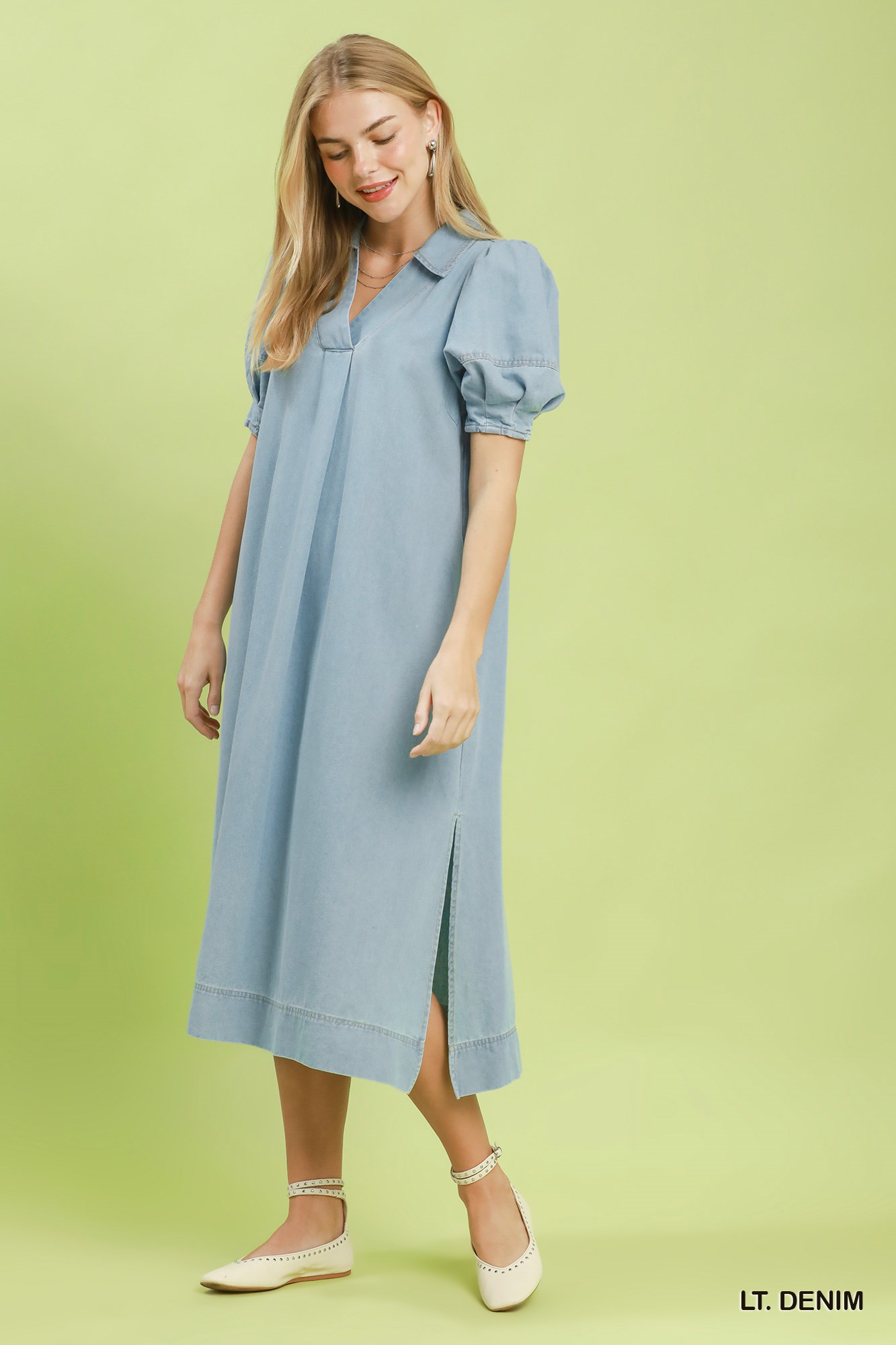 Chambray Collared Puff Sleeve Dress, image 5