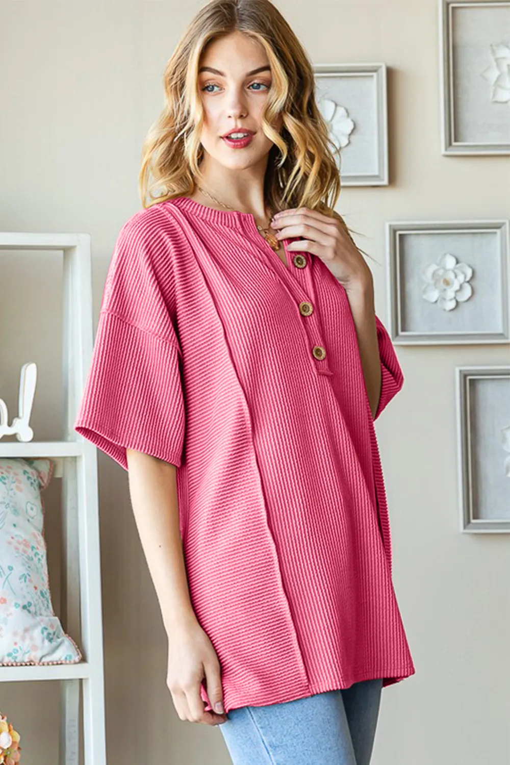 Full Size Ribbed Half Button Drop Shoulder Top, image 3