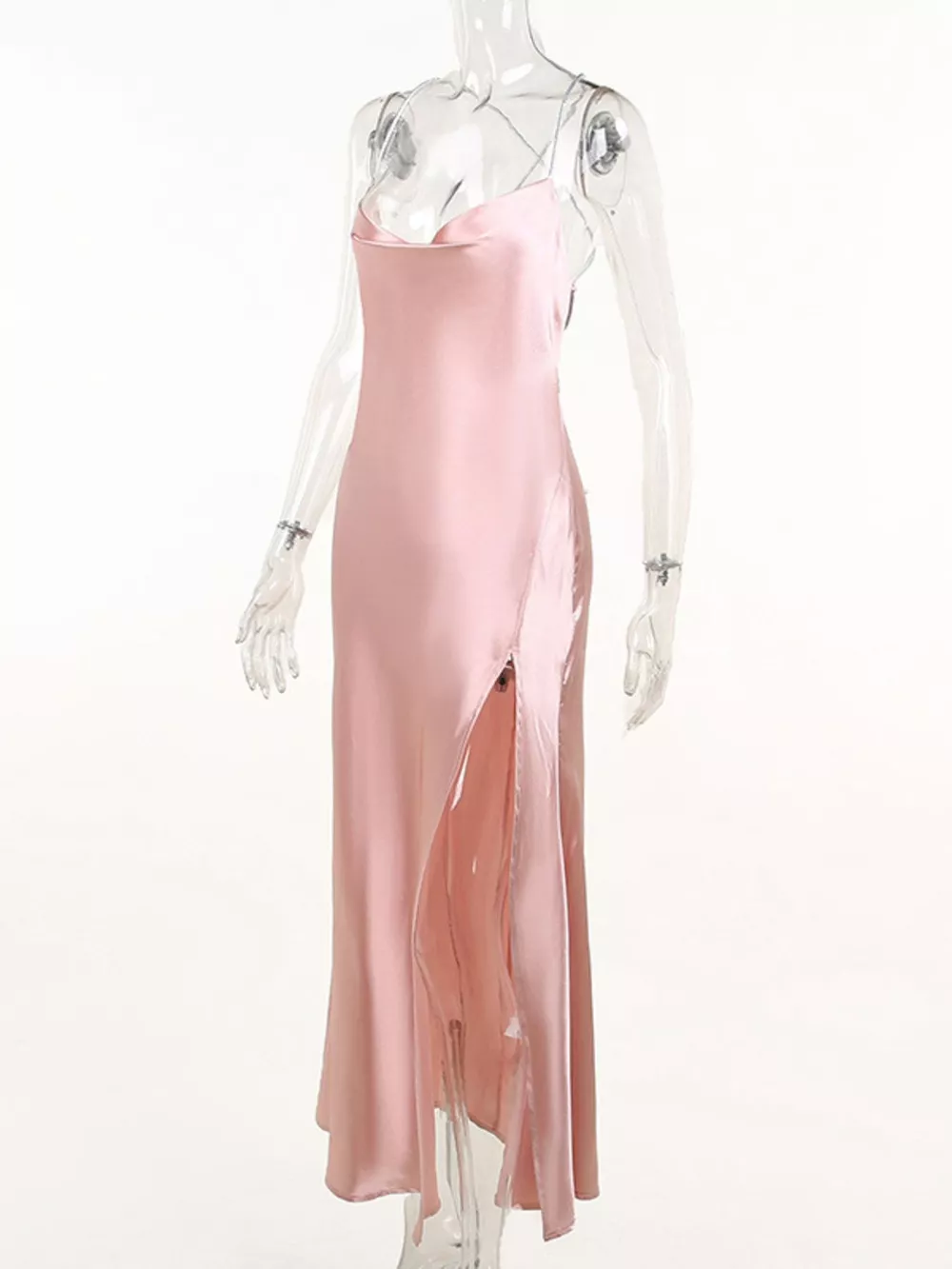 Slinky Satin Cowl Neck High Slit Dress with Back Lace Up, image 3