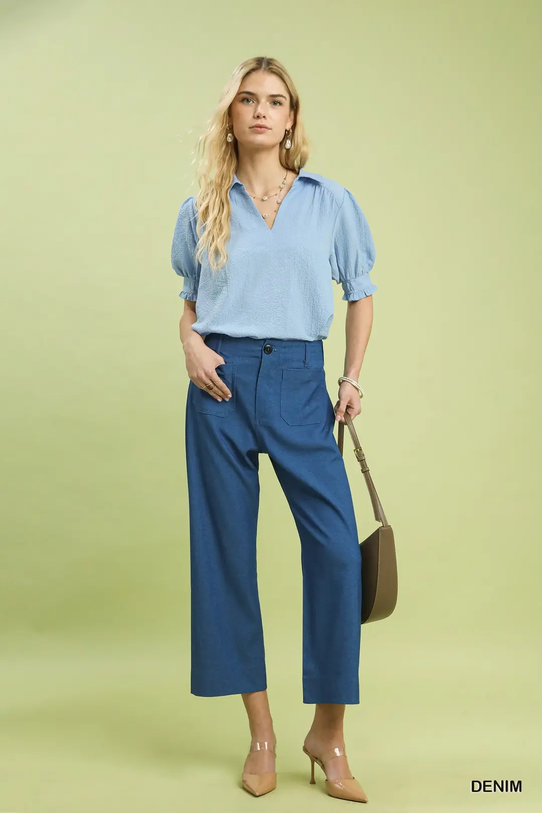 Denim Wide Leg Crop Pants with Front Pockets, image 2