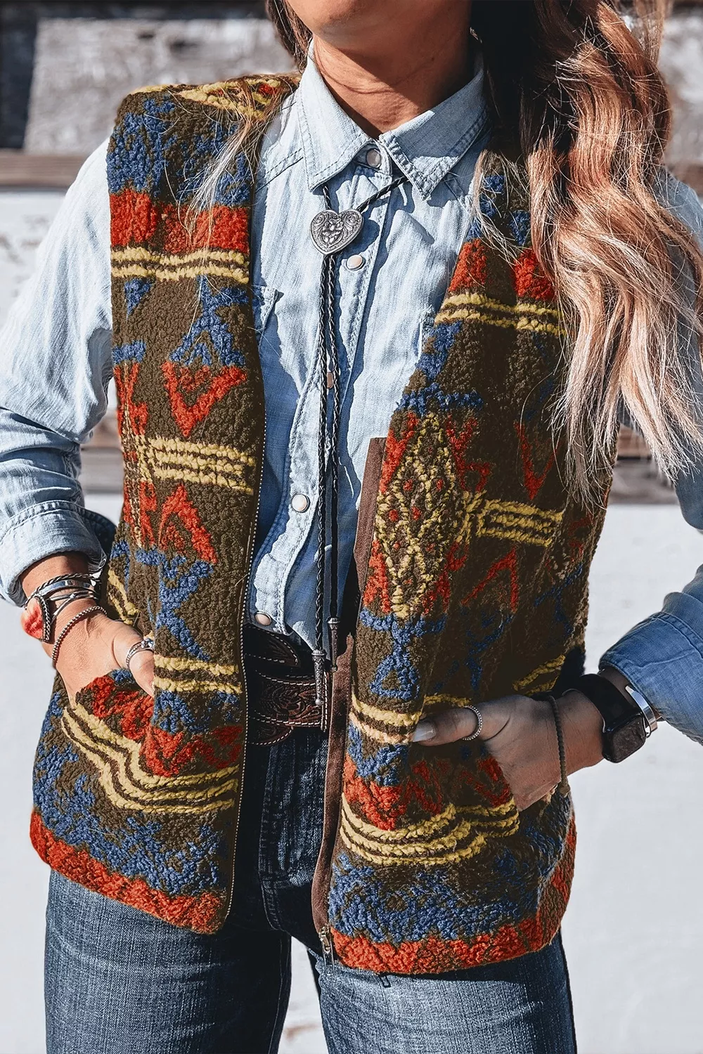 Patterned Fleece Vest Coat, image 3