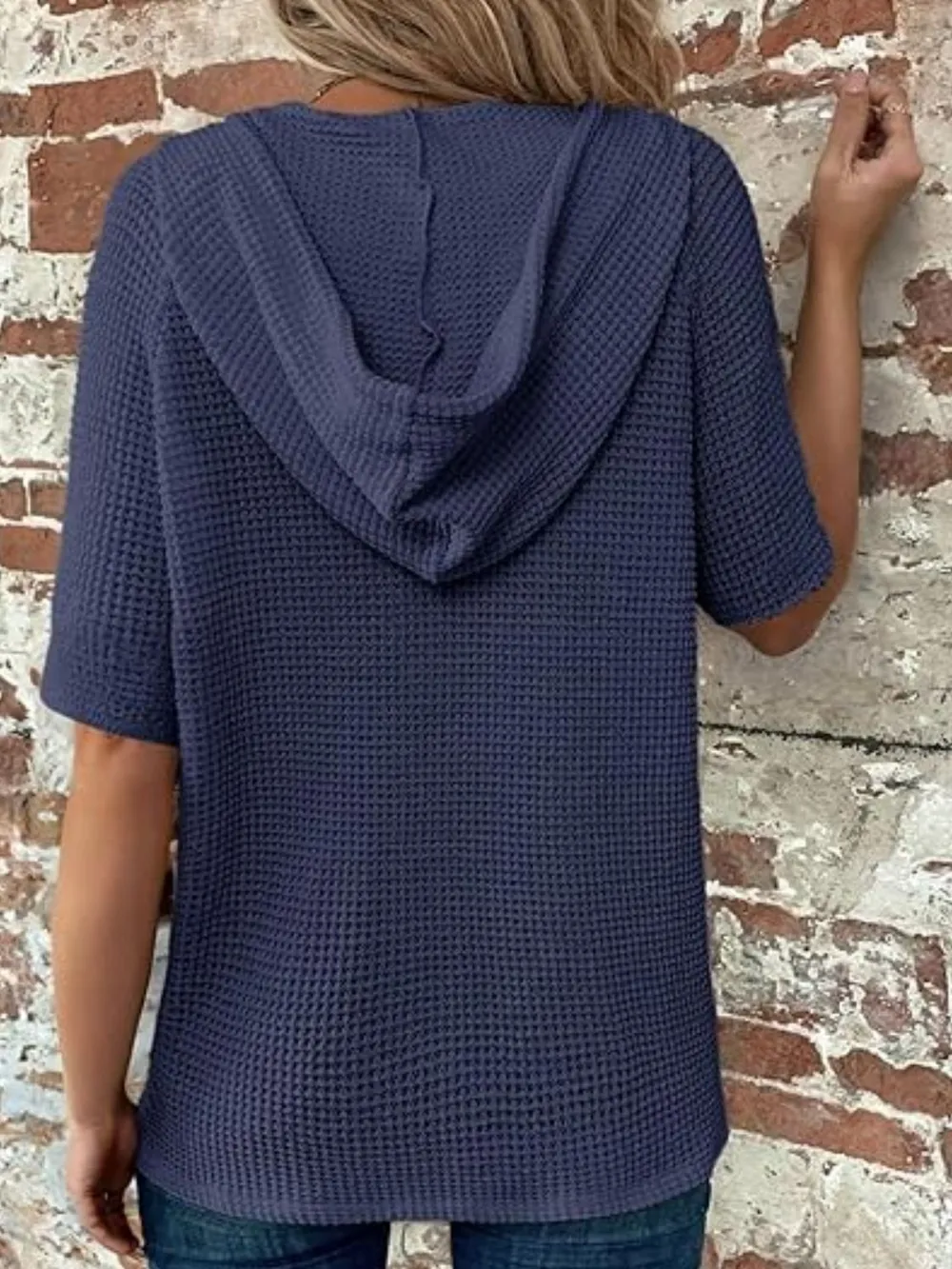 Drawstring Waffle-Knit Short Sleeve Hooded Top, image 26