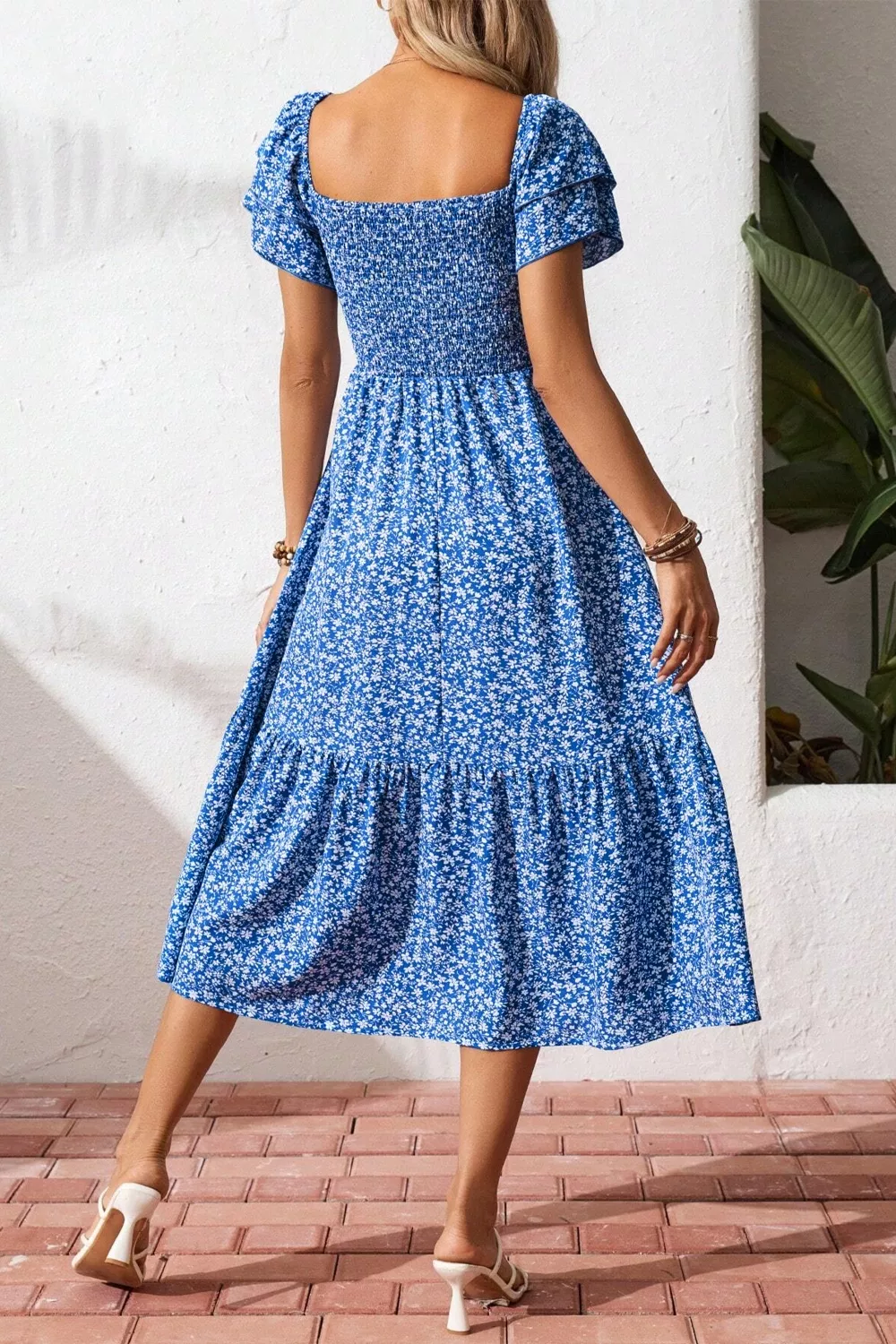 Ditsy Floral Print Smocked Square Neck Ruffle Short Sleeve Dress, image 4