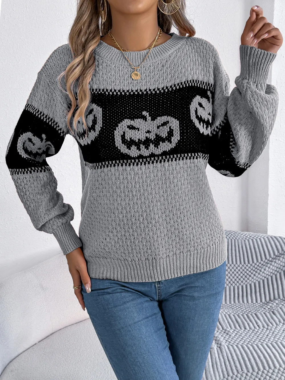 Pumpkin Round Neck Long Sleeve Sweater, image 15