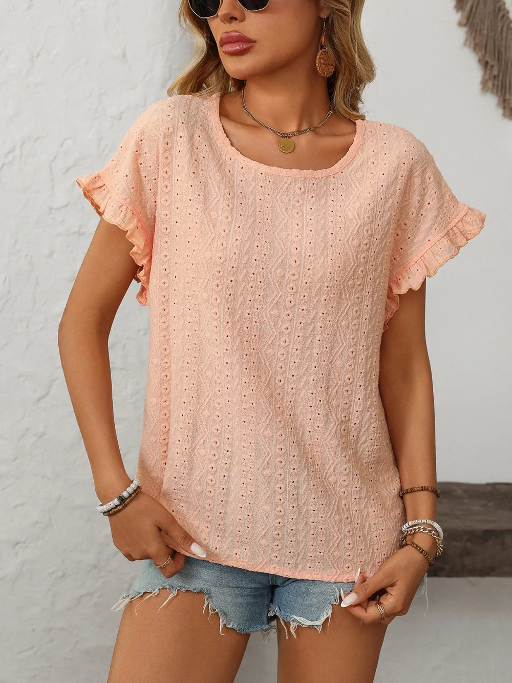 Eyelet Round Neck Short Sleeve Top, image 5