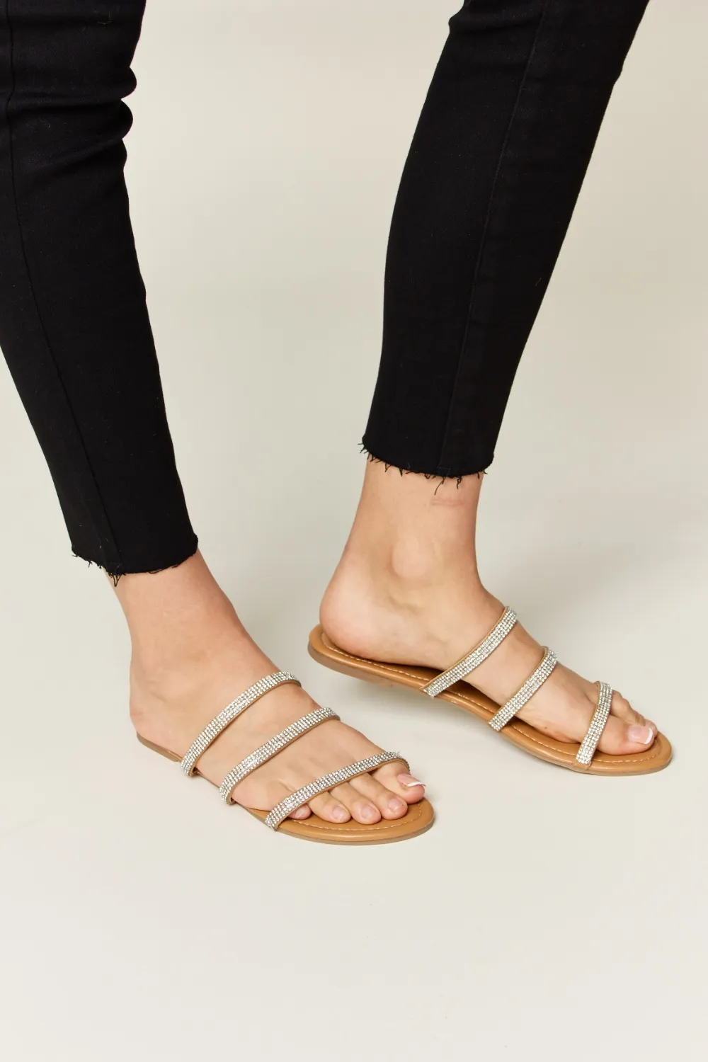 Rhinestone Three-Strap Flat Sandals, image 2