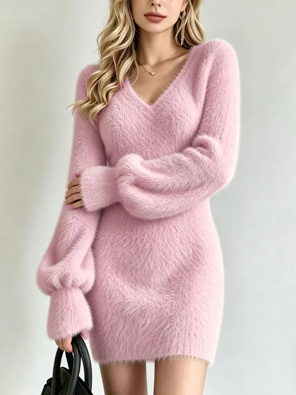 Fuzzy V-Neck Long Sleeve Sweater Dress, image 2