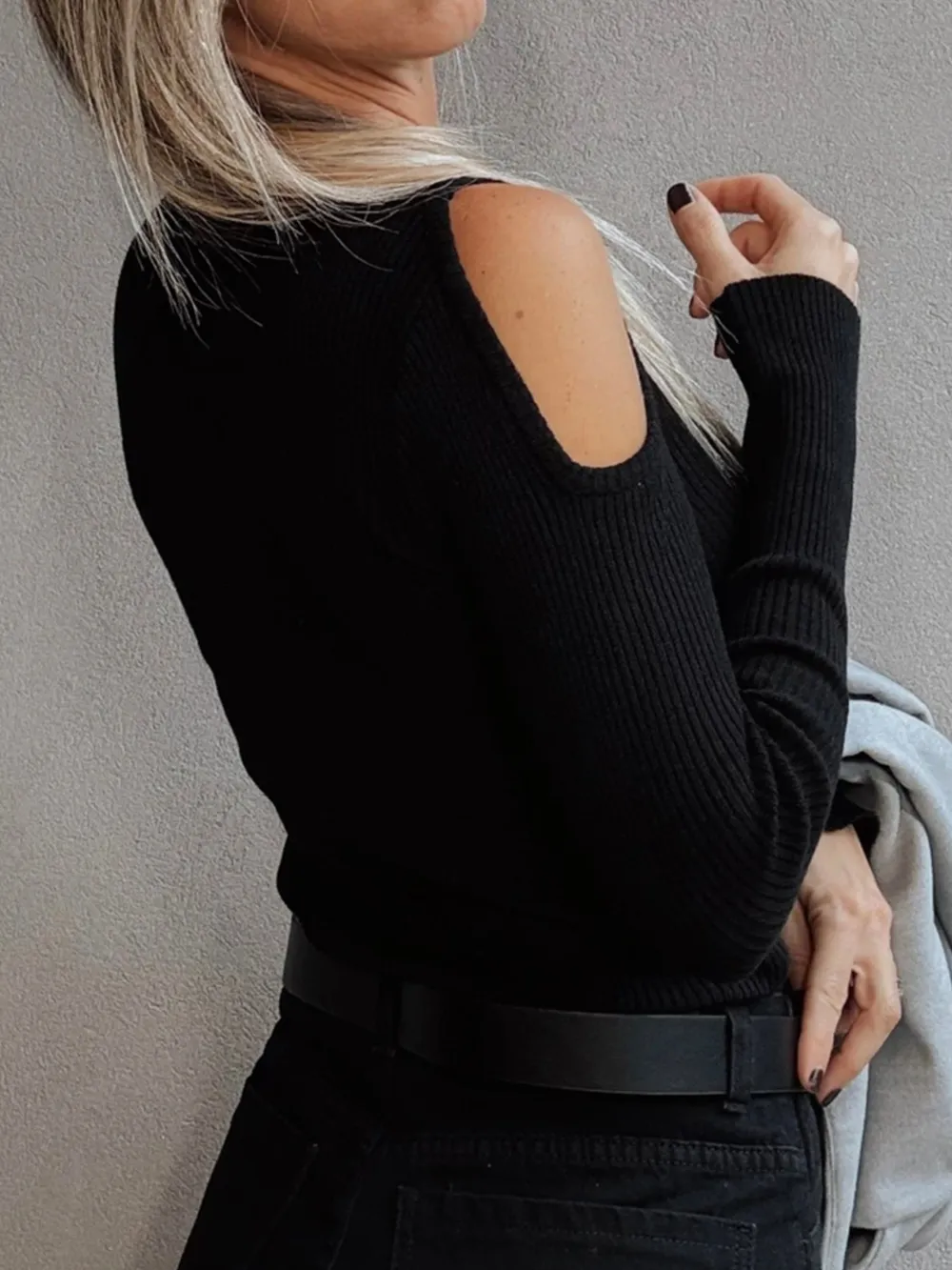 Ribbed Knit Cold Shoulder Sweater, image 2