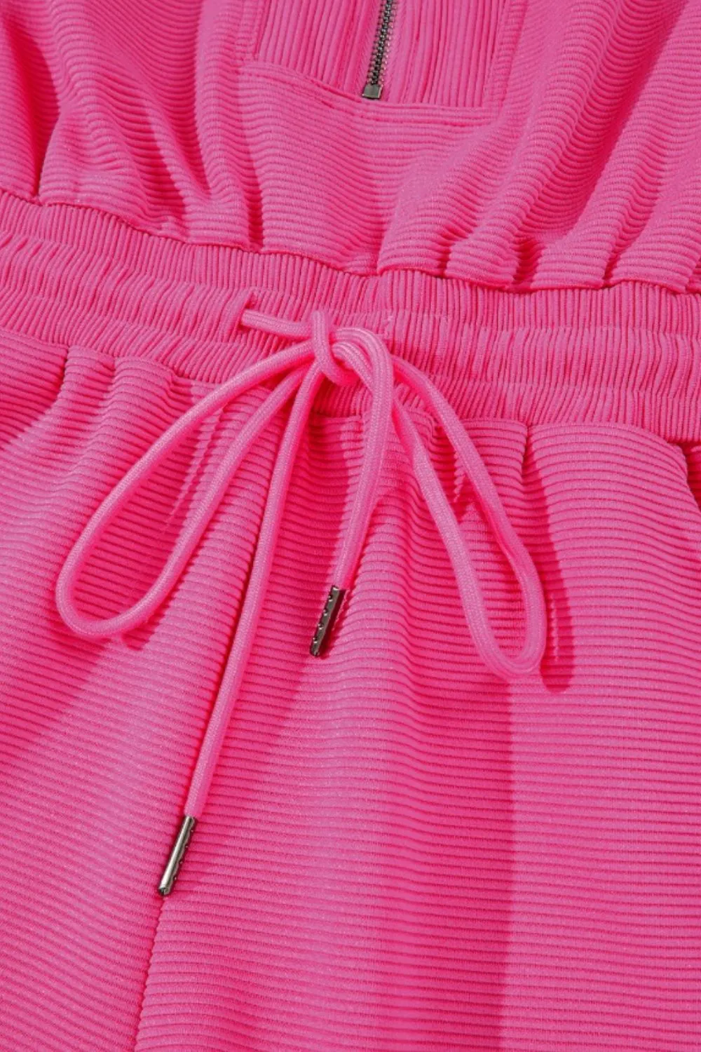 Textured Short Sleeve Half Zip Drawstring Waist Romper, image 3