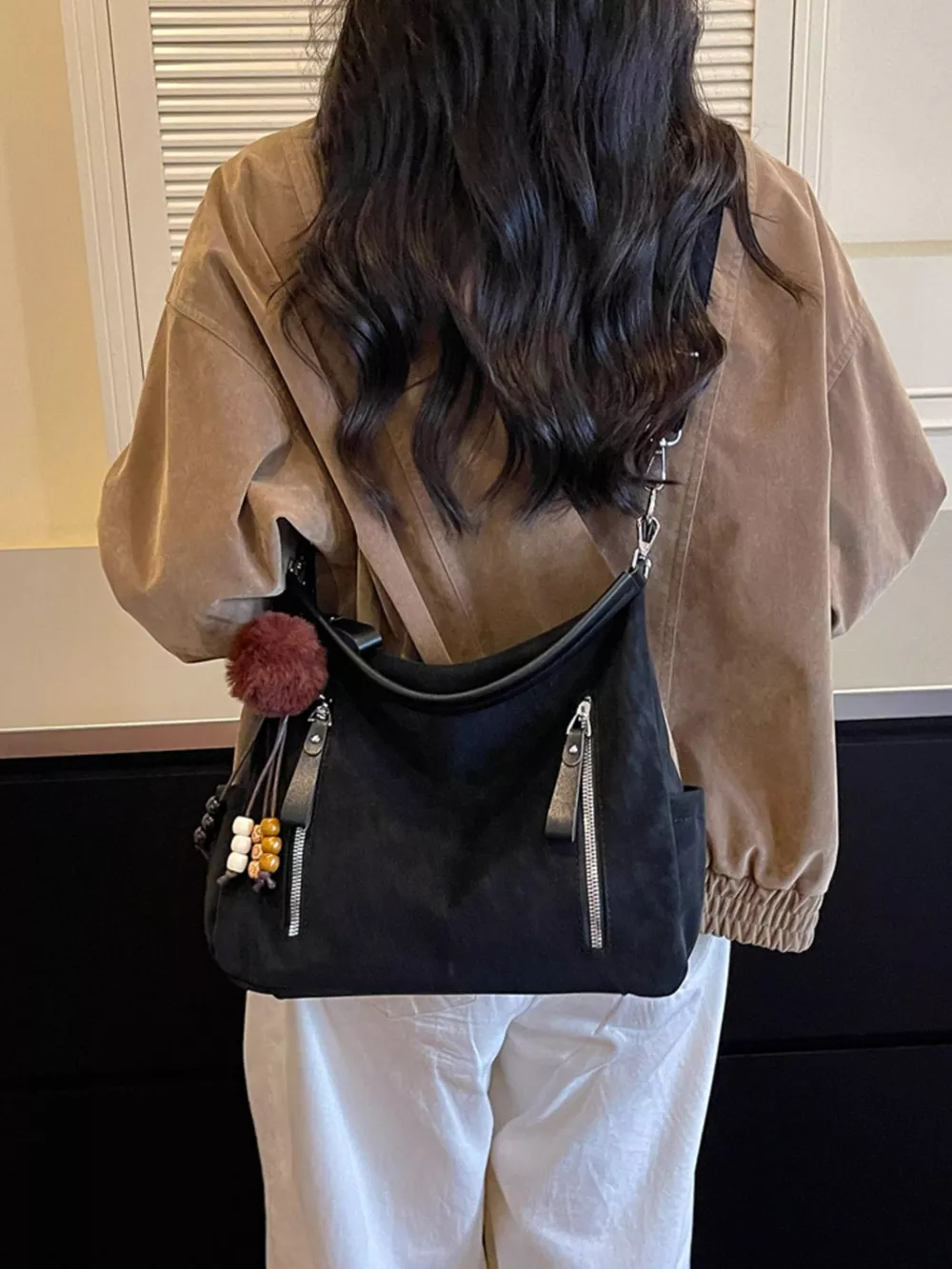 Decorative Pom-Pom and Bead Charm Shoulder Bag, image 6