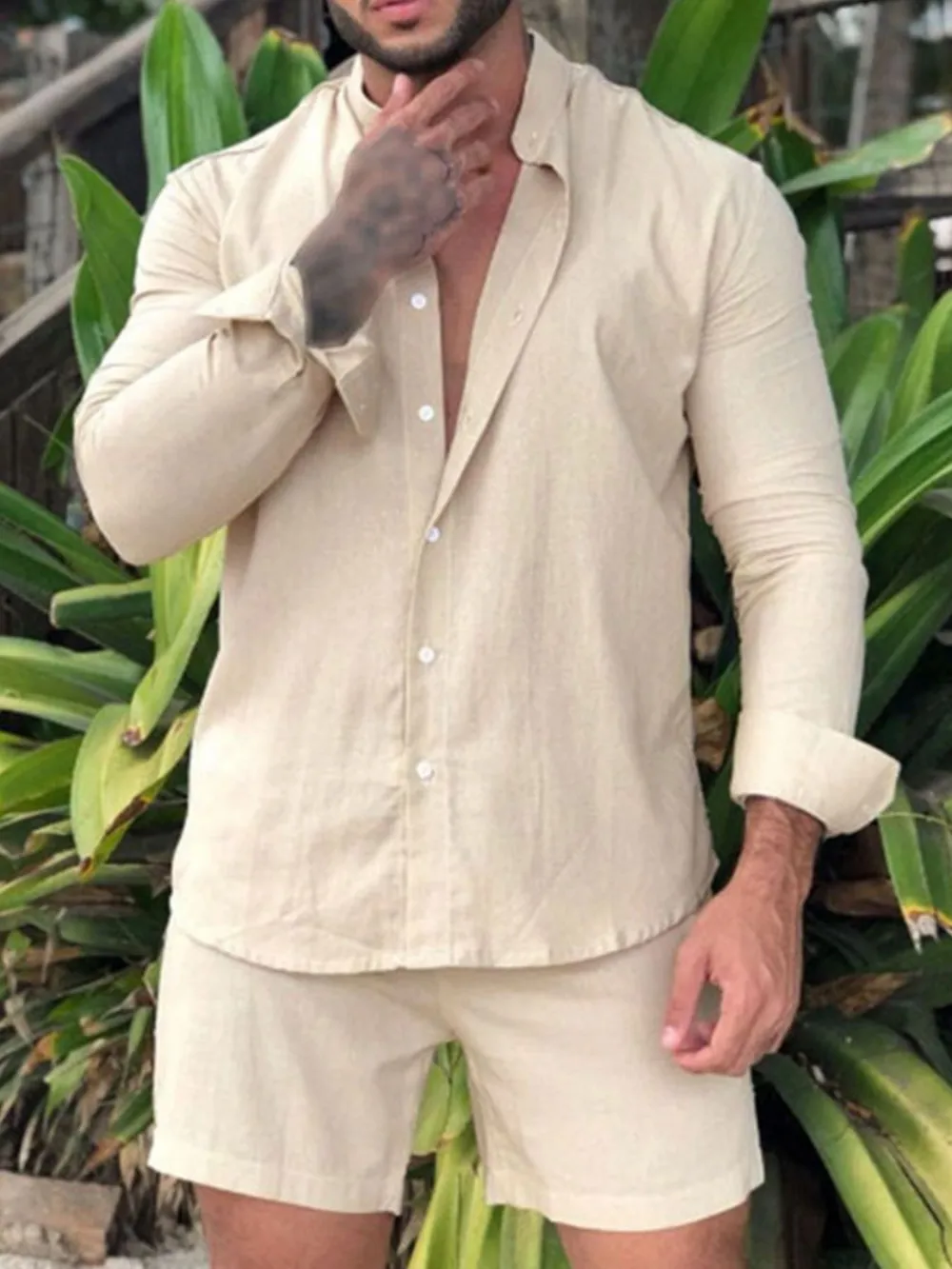 Men's Full Size Button Up Long Sleeve Shirt and Shorts Set Plus Size, image 2