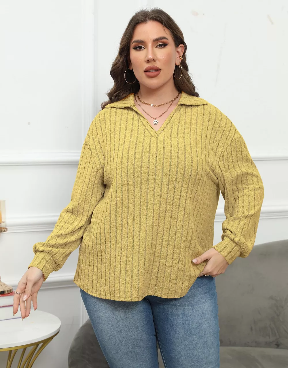 Plus Size Ribbed Knit Polo Collar T-Shirt, image 18
