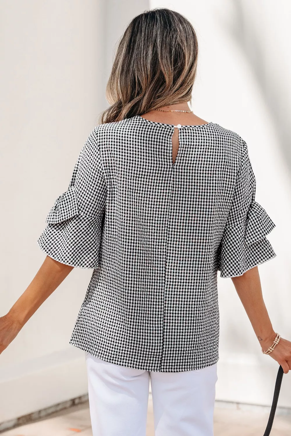 Gingham Bow Half Sleeve Blouse, image 5