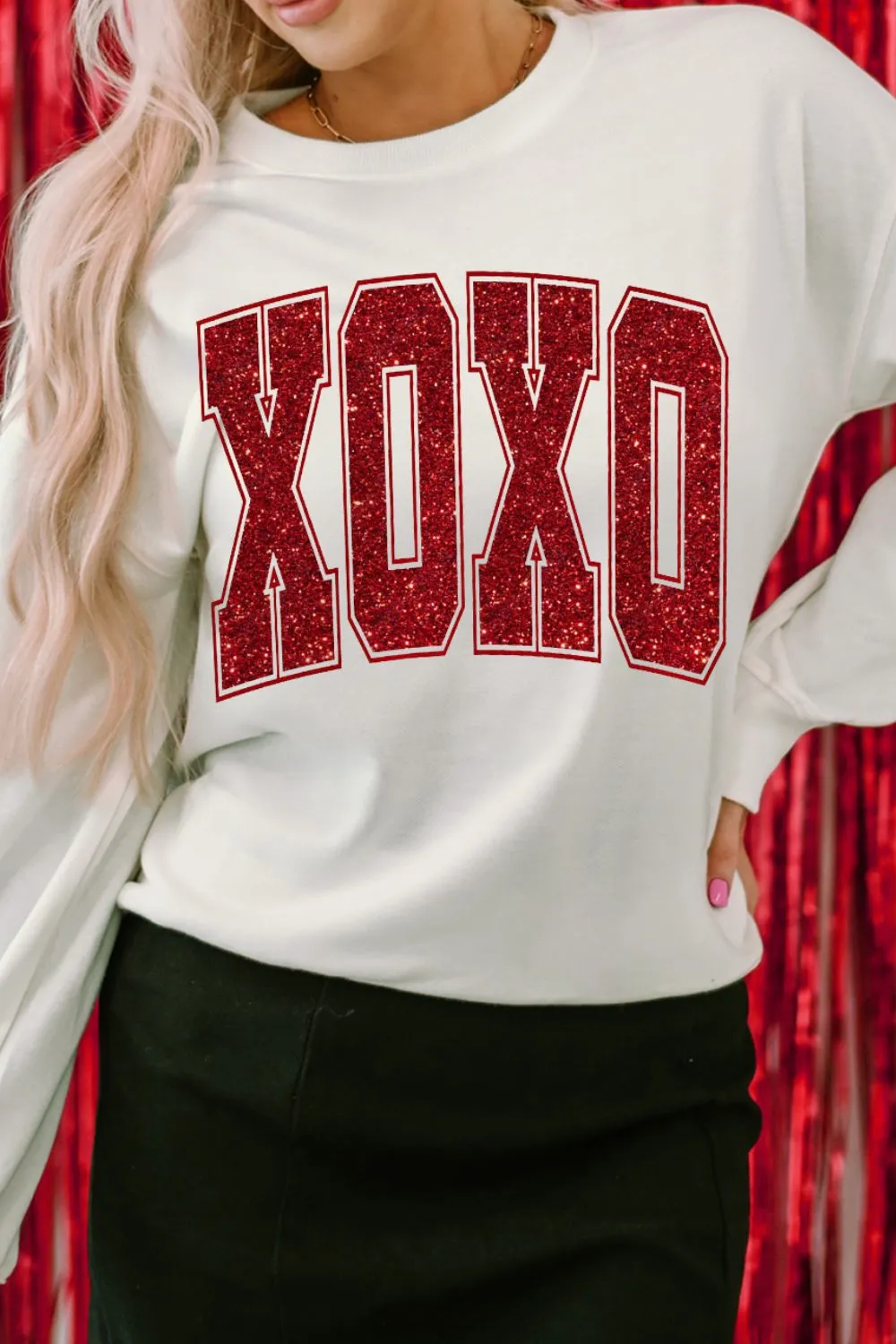 Valentine’s Day XOXO Glitter Round Neck Sweatshirt, image 2