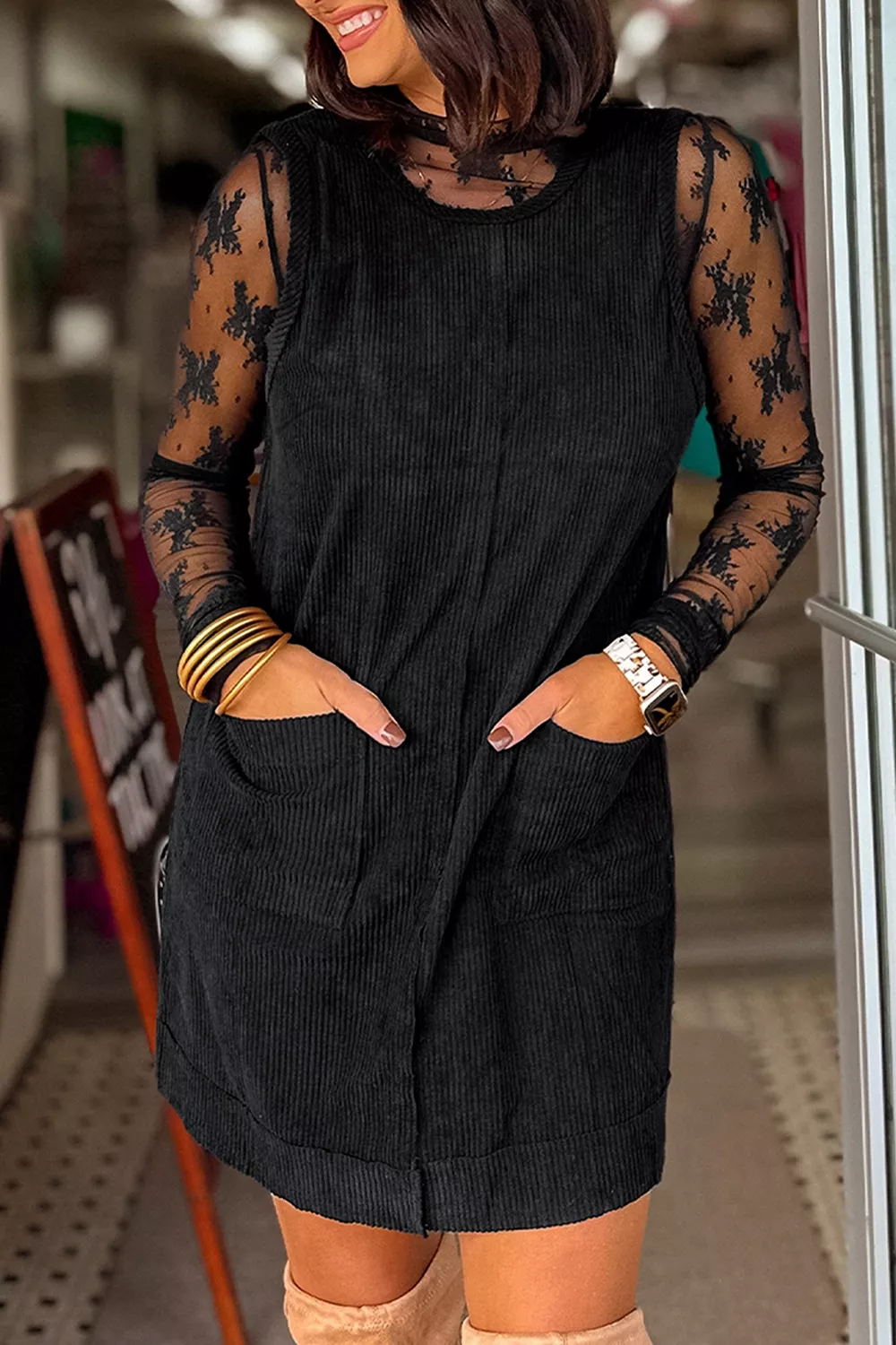 Corduroy Patch Pocket Sleeveless Mini Dress, image 2