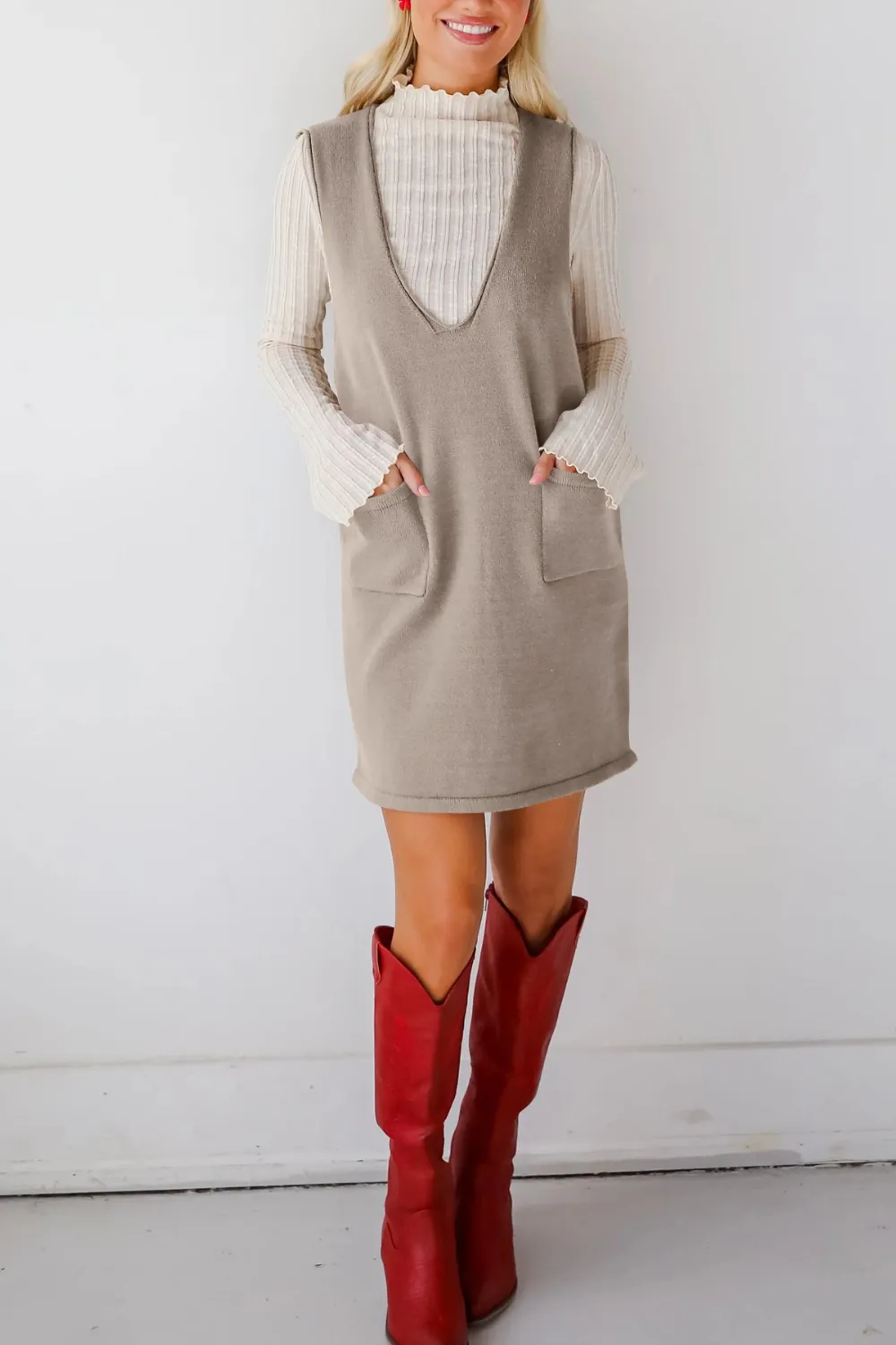 Pocketed V-Neck Mini Sweater Overall Dress, image 19