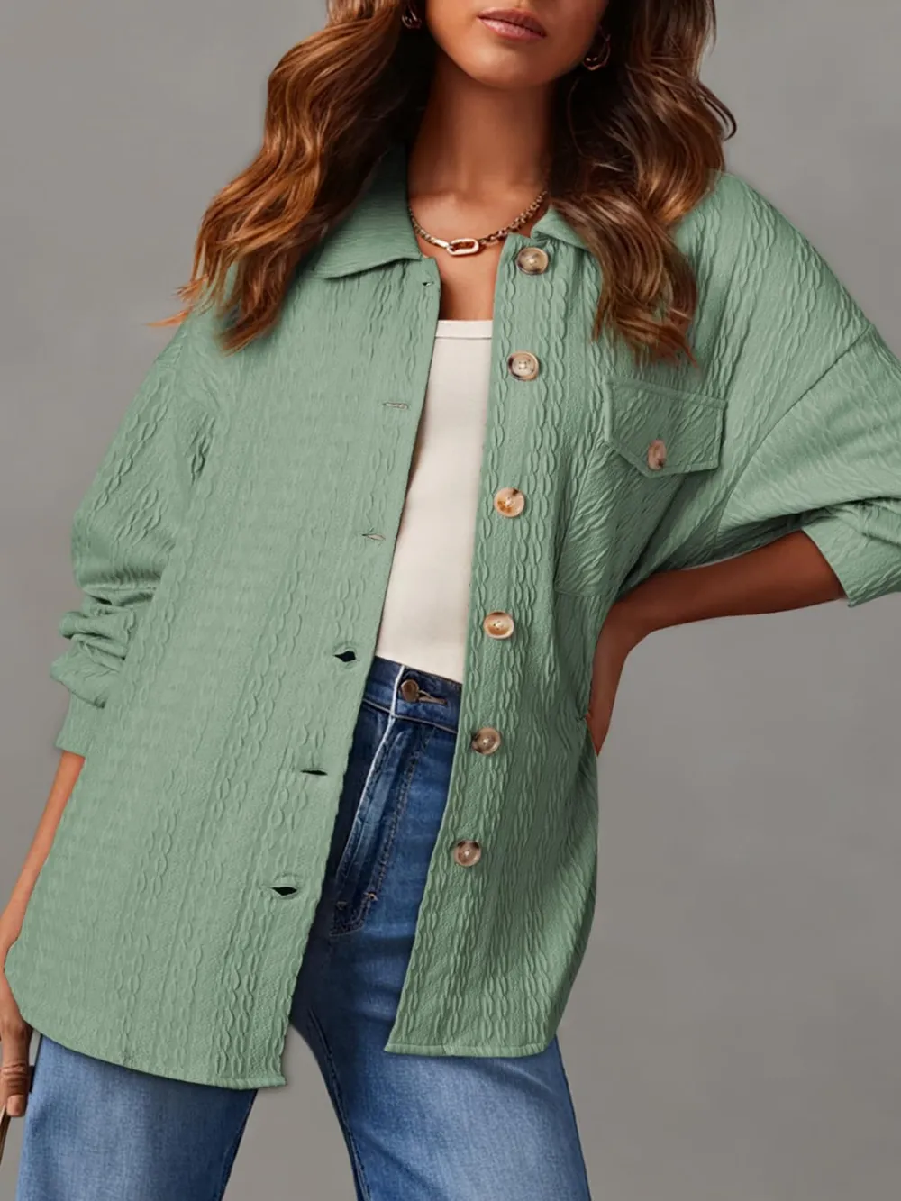 Textured Button Up Long Sleeve Shacket, image 15