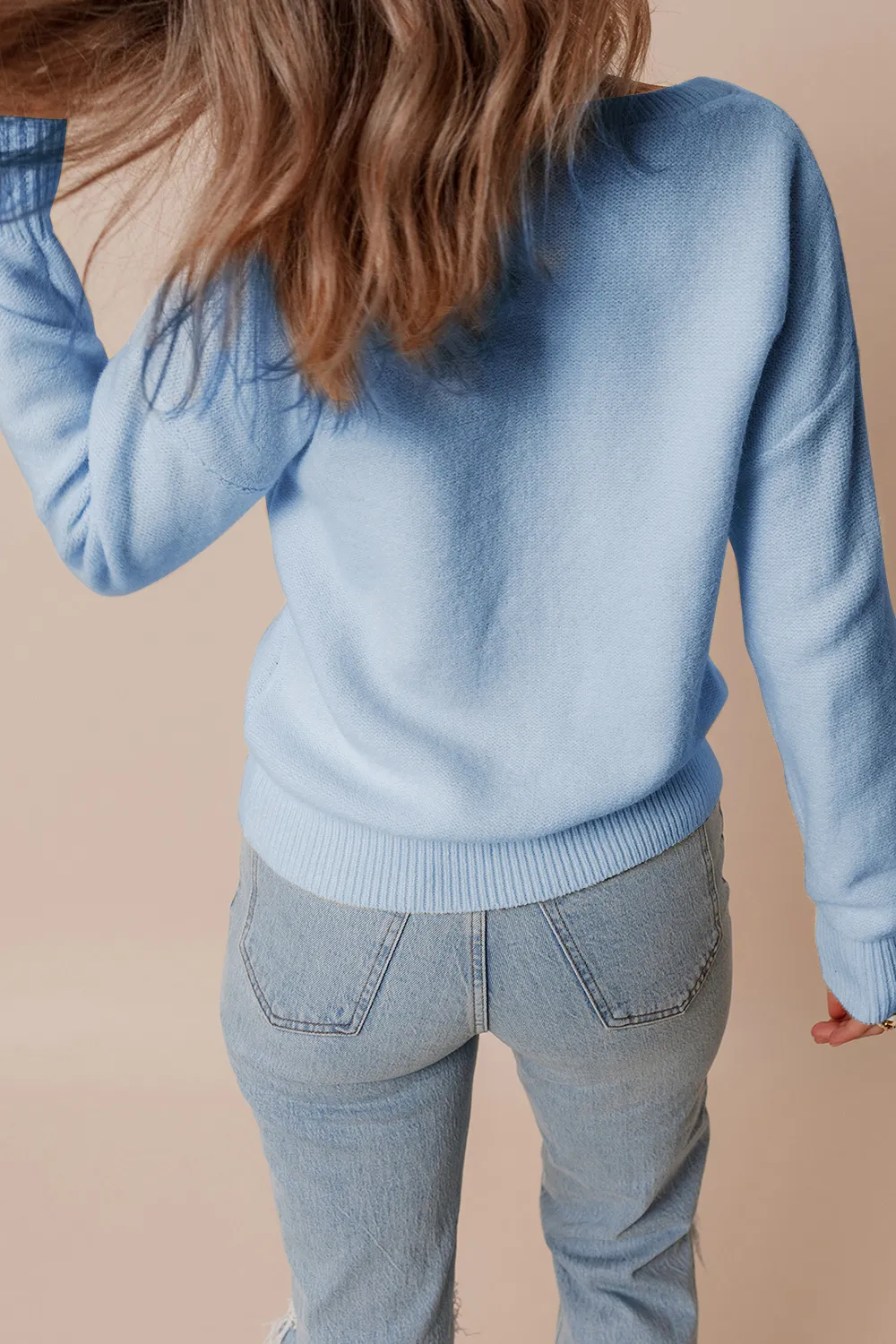 Crochet Flower Round Neck Dropped Shoulder Sweater, image 3