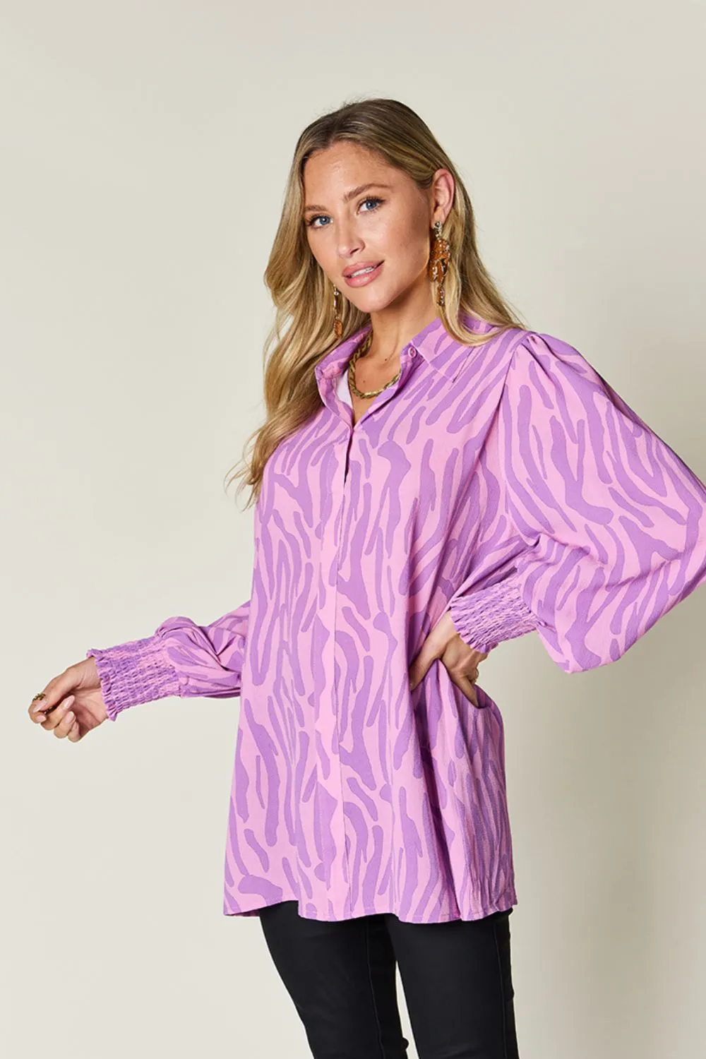 Full Size Printed Smocked Long Sleeve Blouse Plus Size, image 5