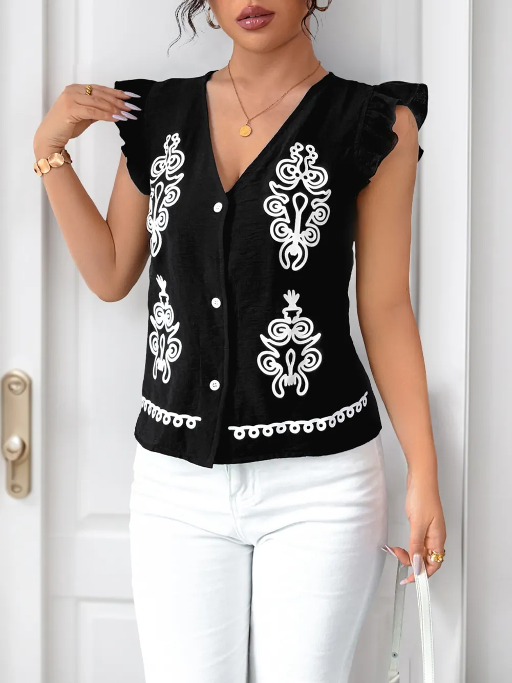 V-Neck Cap Sleeve Shirt, image 3
