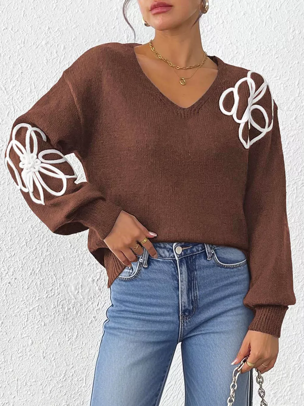 Flower V-Neck Long Sleeve Sweater, image 10