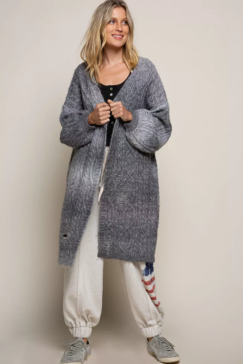 Distressed Cable-Knit Ombre Dying Cardigan, image 4