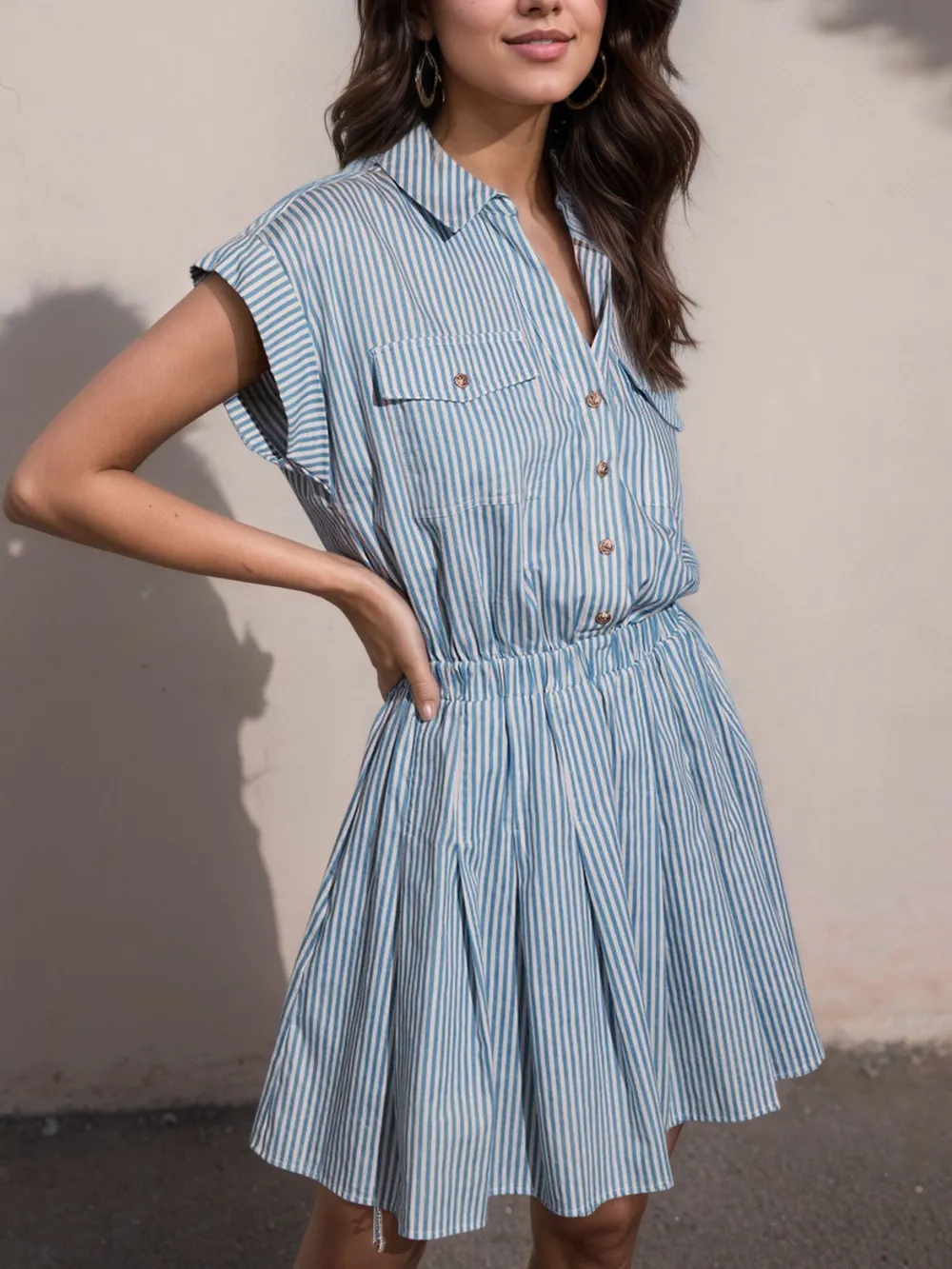 Hlaf Button Striped Cap Sleeve Mini Shirt Dress, image 4