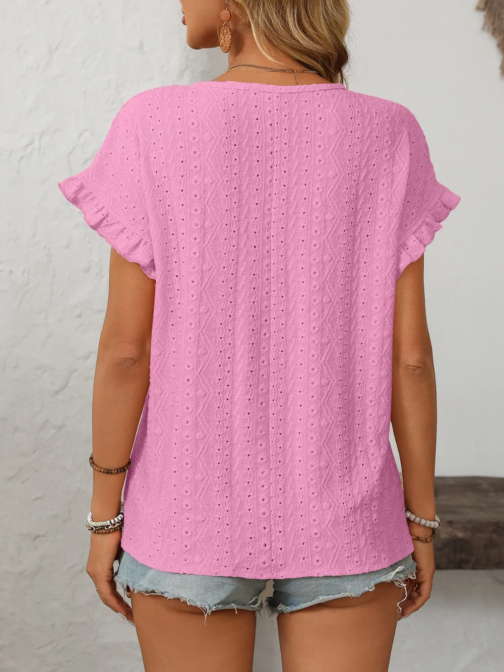 Eyelet Round Neck Short Sleeve Top, image 6