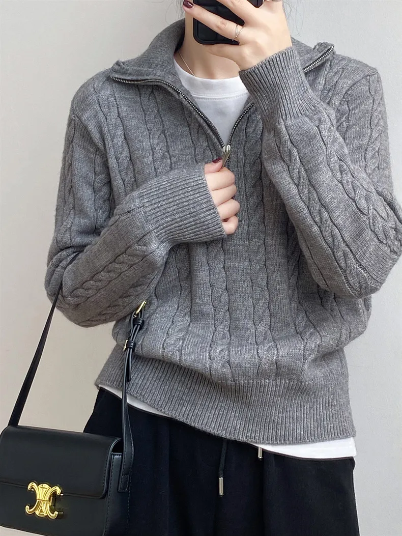 Cable-Knit Half Zip Long Sleeve Sweater, image 4