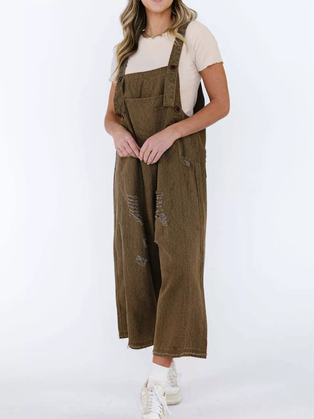 Distressed Wide Leg Denim Overalls, image 3