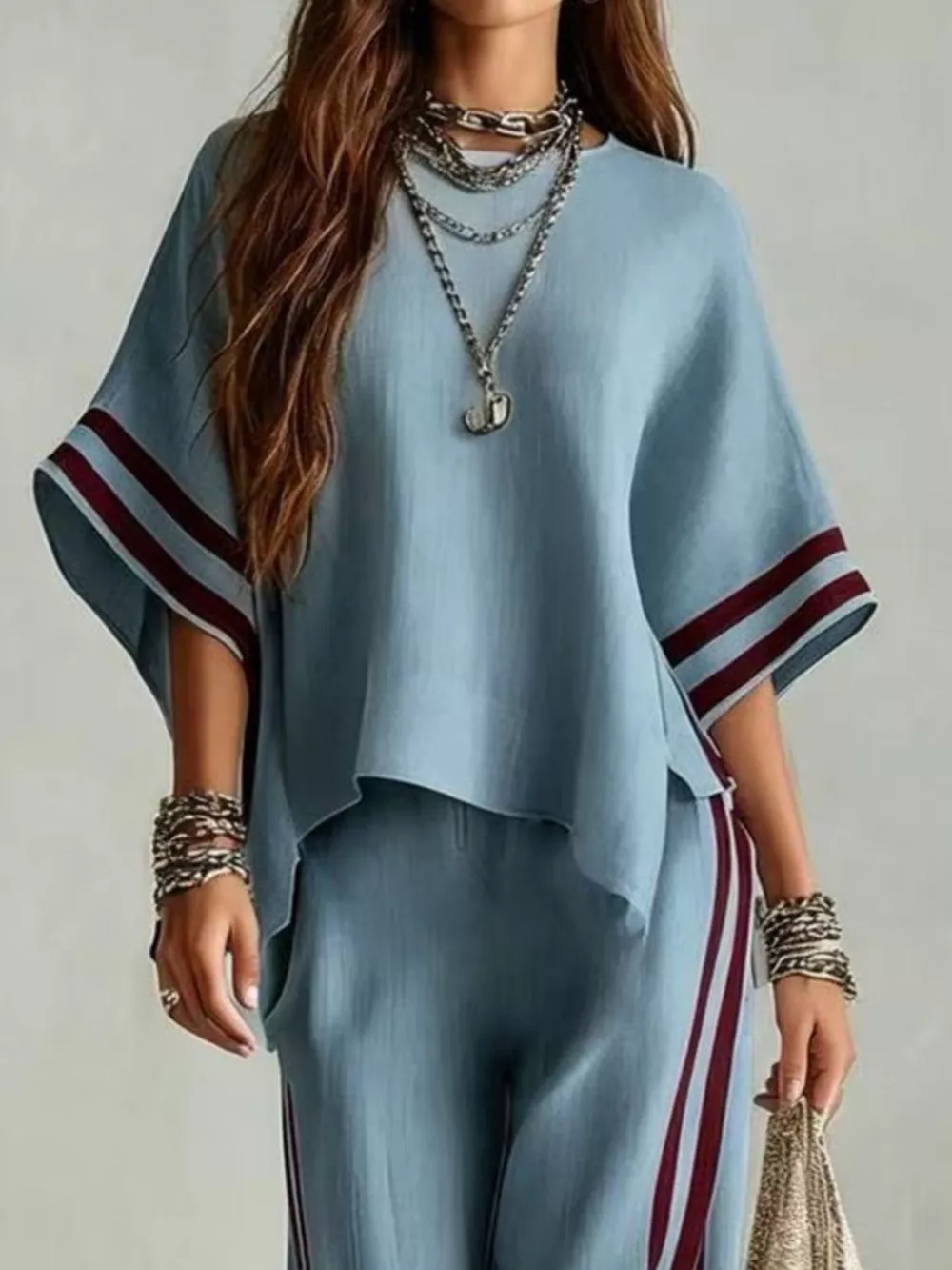 Full Size Striped 3/4 Sleeve Top and Pants Set Plus Size, image 13