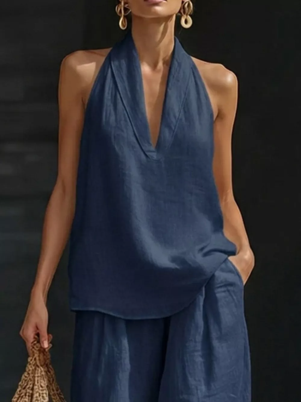 Full Size Halter Neck Top and Wide Leg Pants Set Plus Size, image 11