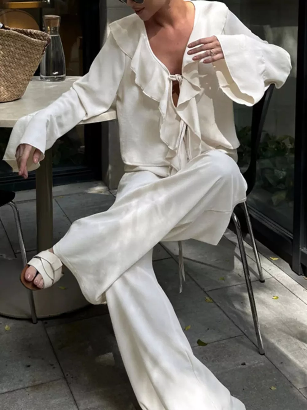 Ruffle Trim Tie Front Top and Pants Set, image 3