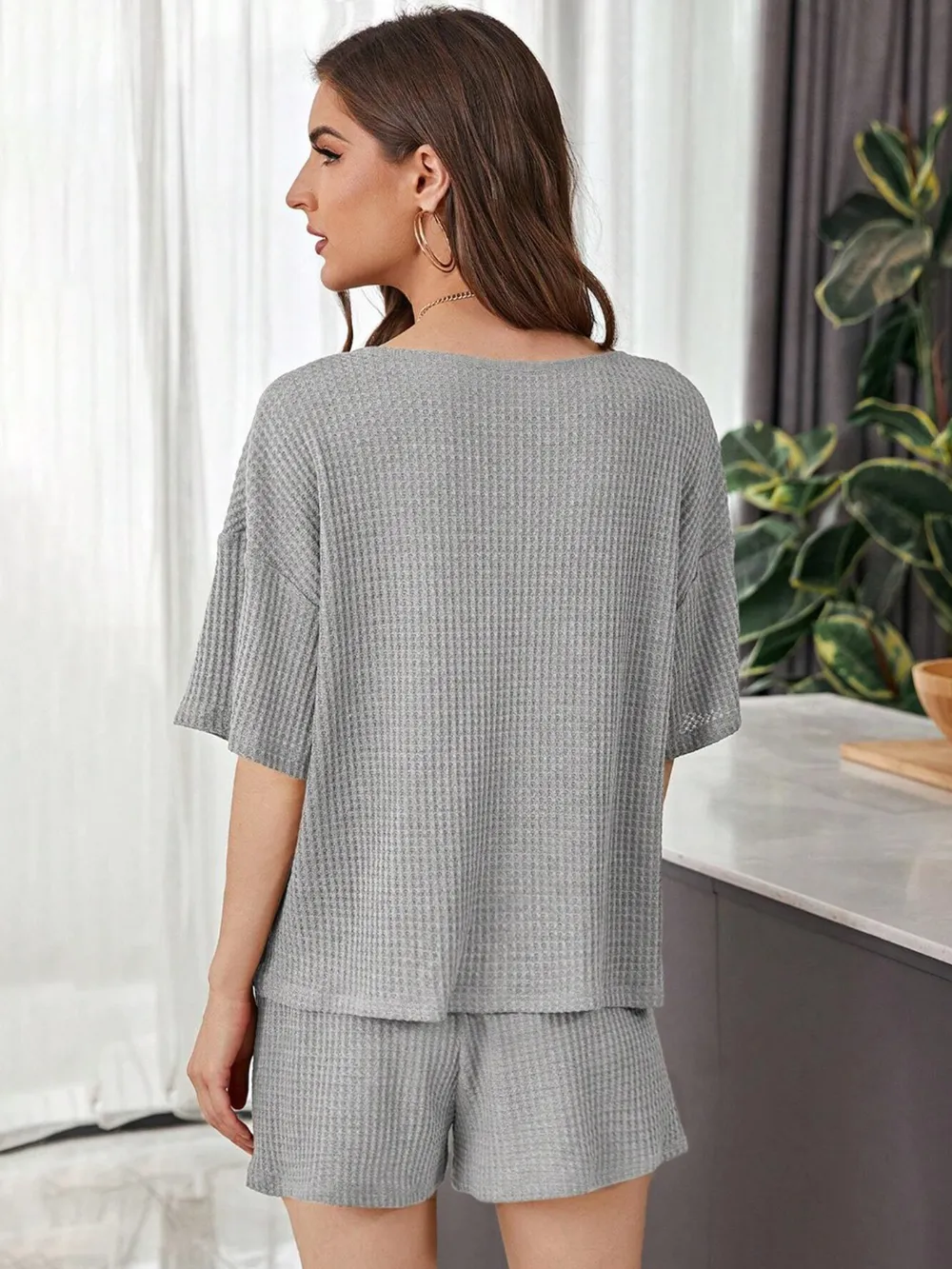 Full Size Waffle-Knit Dropped Shoulder Top and Shorts Set, image 3