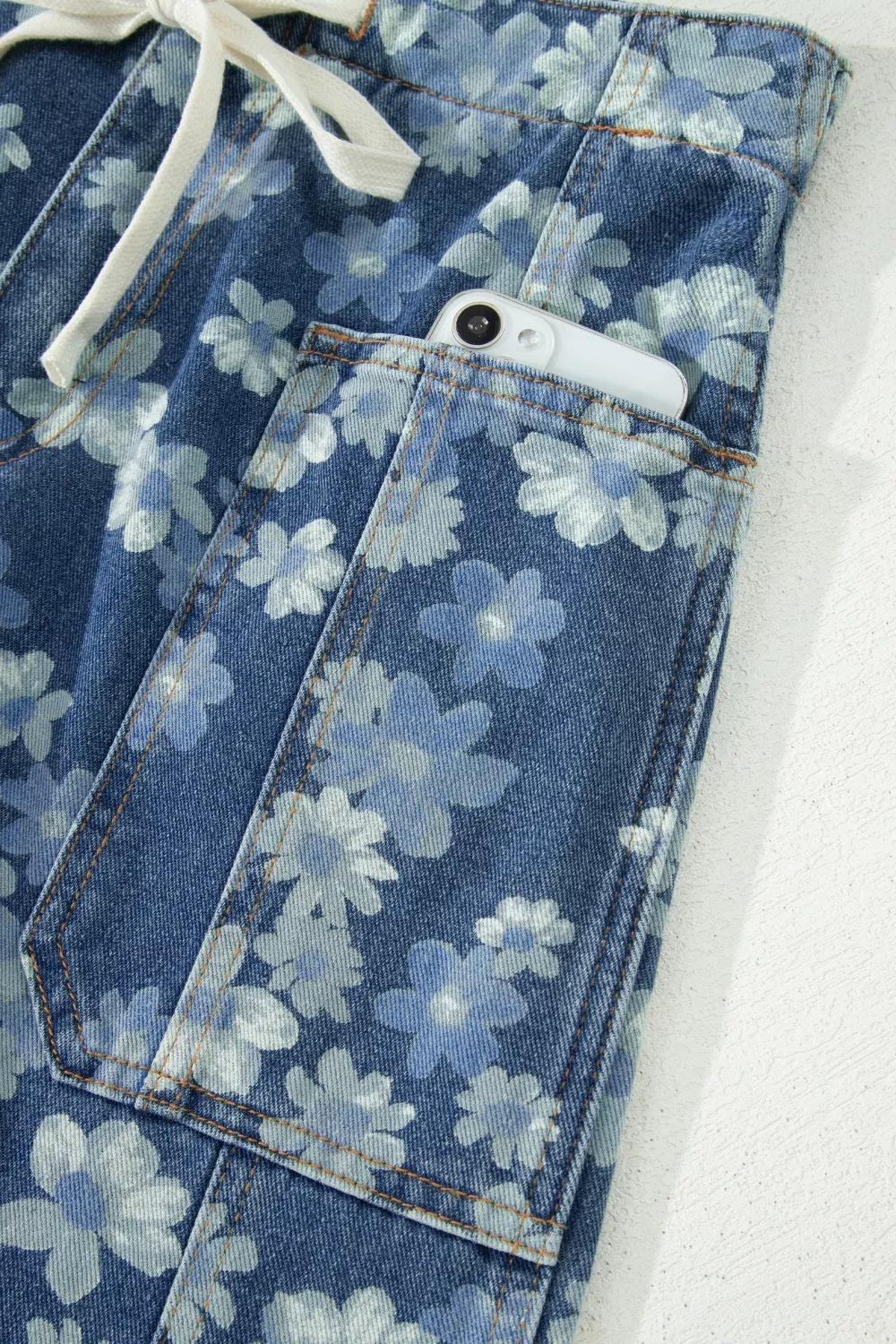 Dainty Floral Printed Drawstring Barrel Jeans, image 8