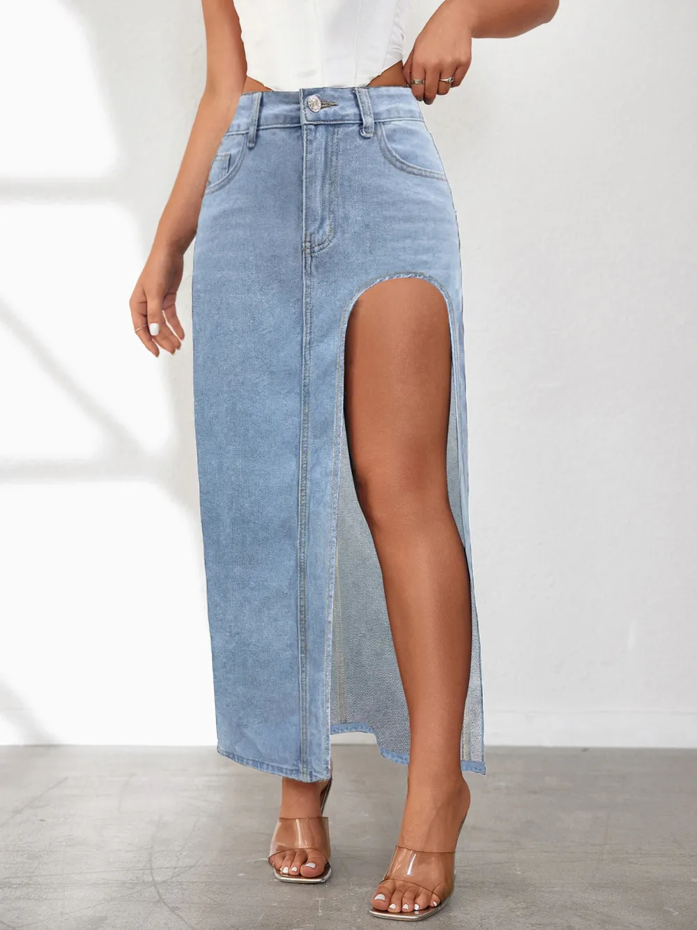 High Rise Slit Denim Skirt, image 4