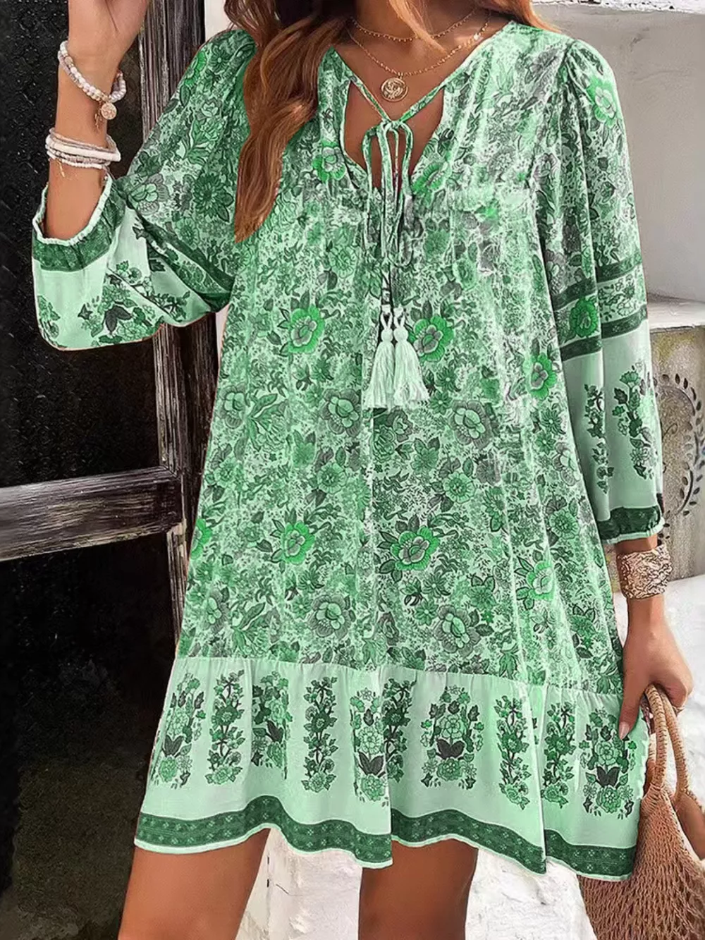 Floral Print Tassel Tie Neck Mini Dress, image 16