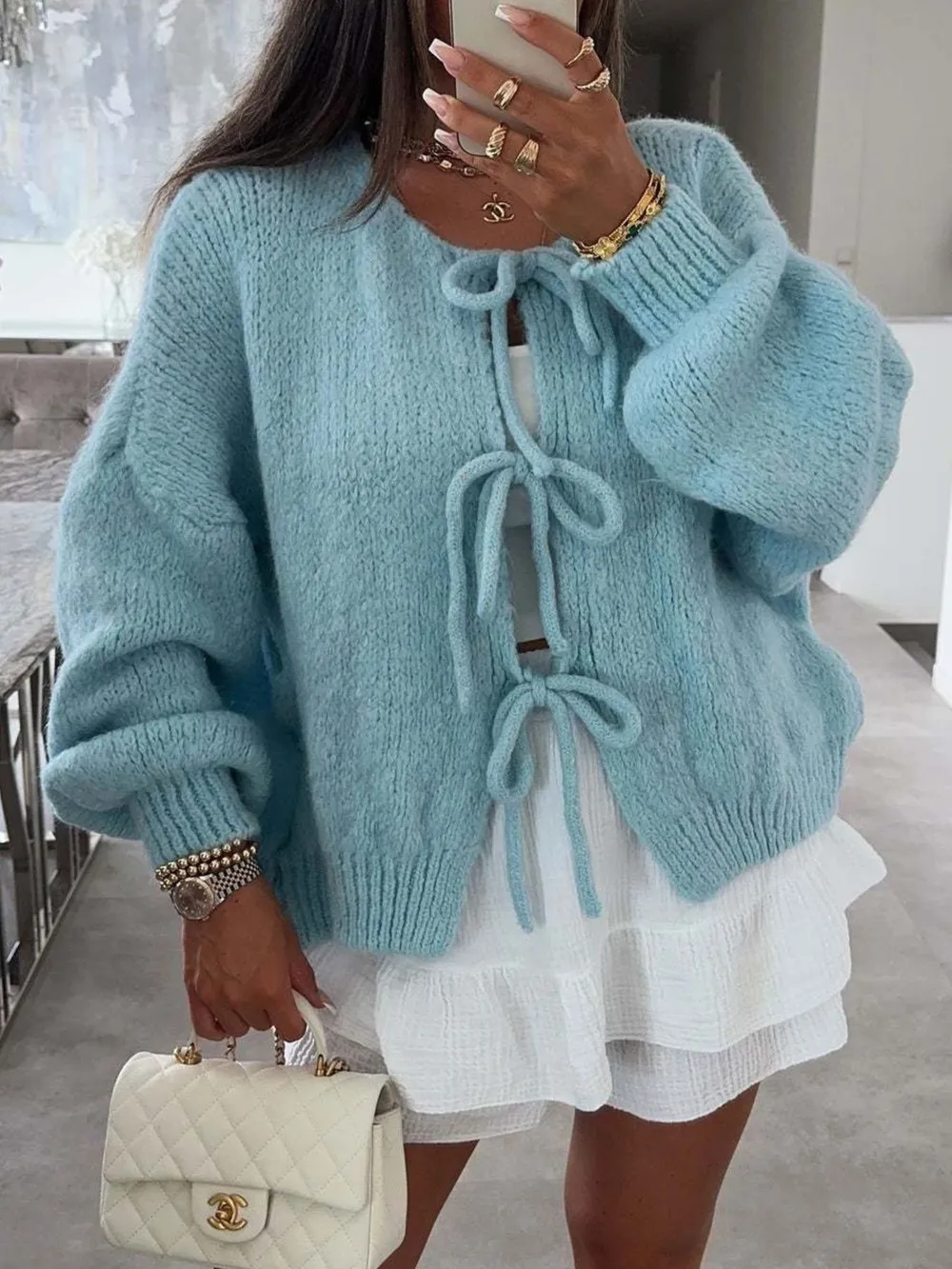 Cozy Bow-Tie Front Knit Cardigan, image 5