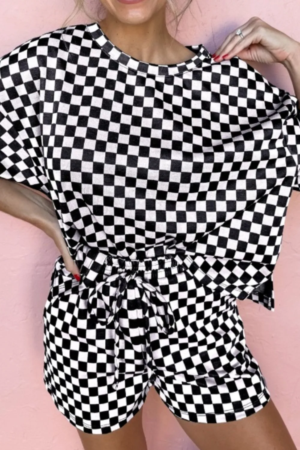 Checkered Round Neck Top and Shorts Set, image 3